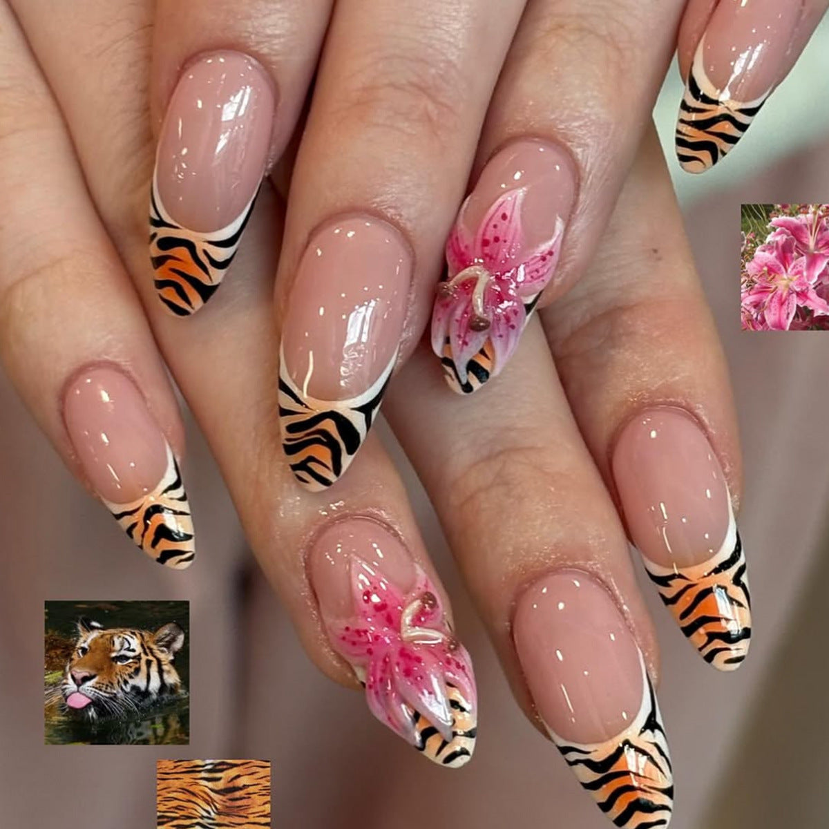 Wild Jungle Inspired Medium Almond Orange and Black Tiger Print with Floral Accent Press On Nail Set