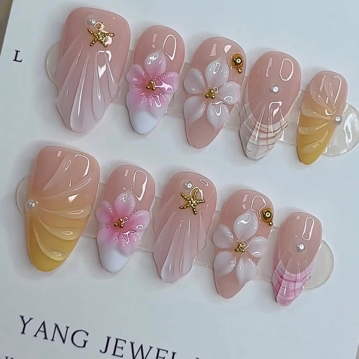Blossom Dreams Medium Almond Beige with Floral Accents Press on Nail Set