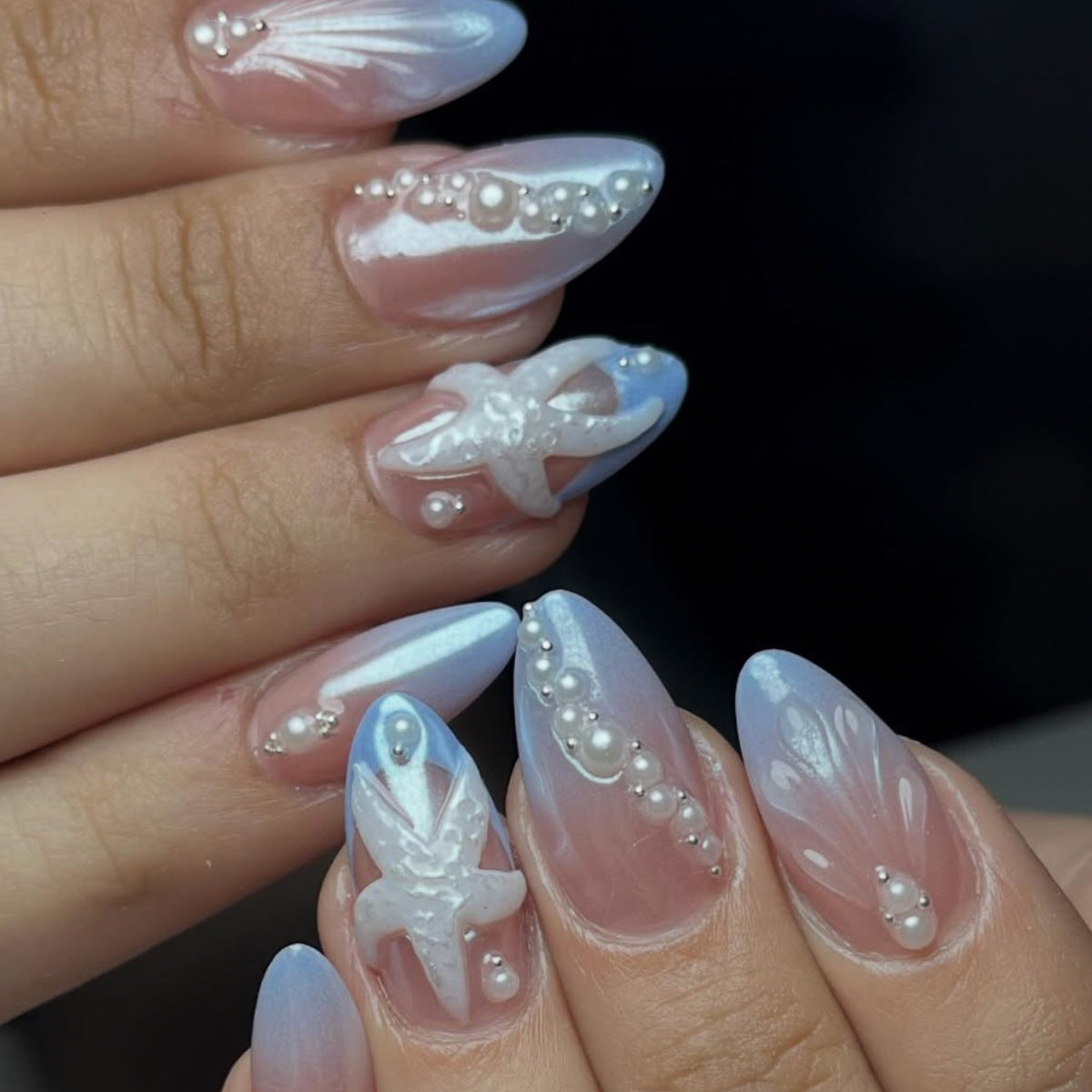 Nautical Elegance Medium Almond Blue Ombre with Pearl Accents Press on Nail Set