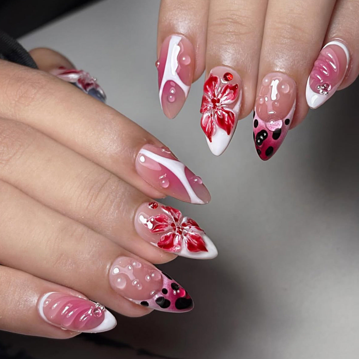 Floral Fantasy Medium Almond Pink with Glossy Gel Accents
