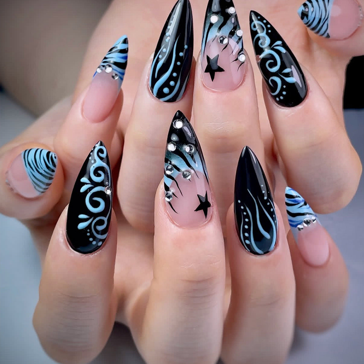 Starlit Elegance Medium Almond Black and Blue Press on Nail Set with Sparkling Gems