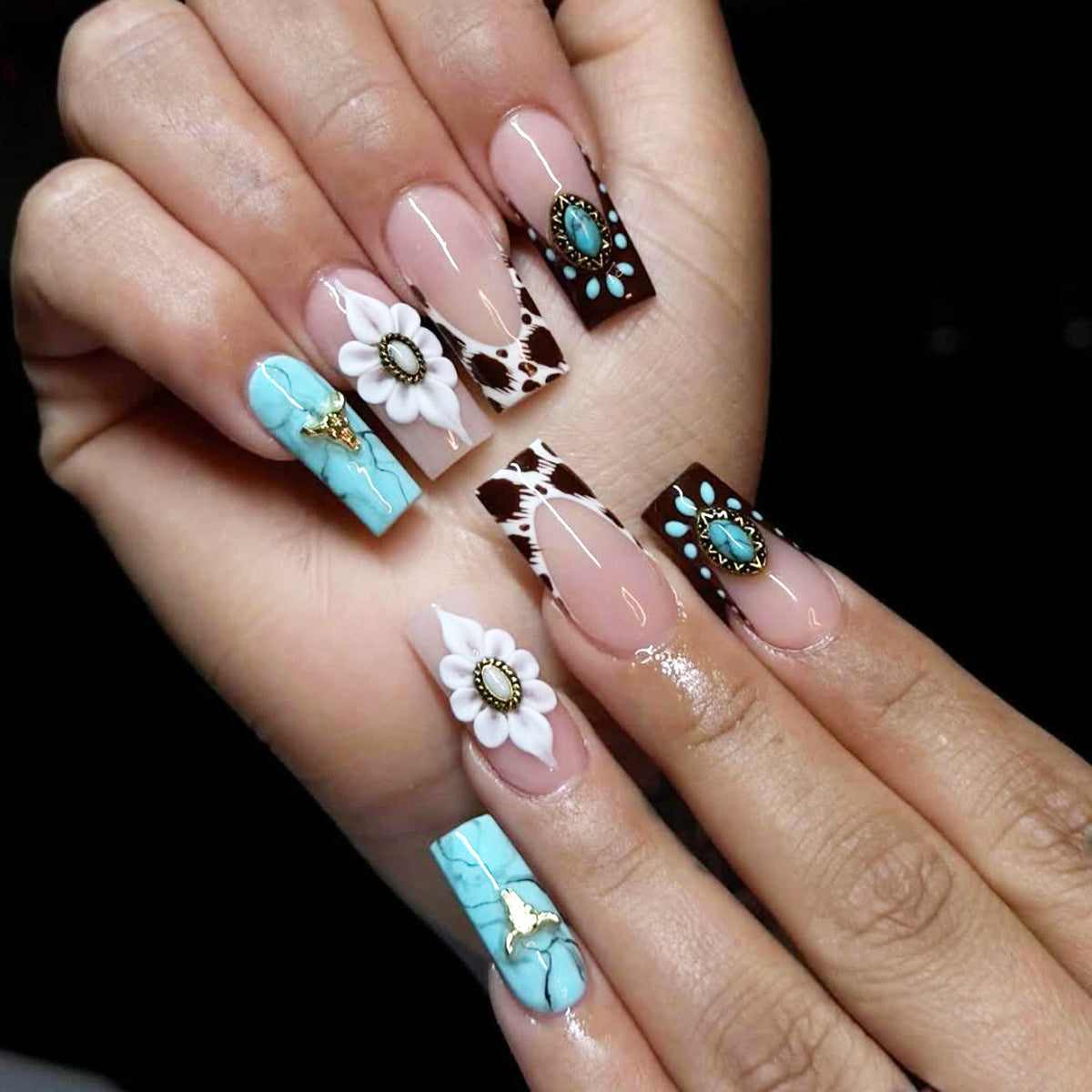 Western Chic Long Square Turquoise Flower Accent Press On Nail Set