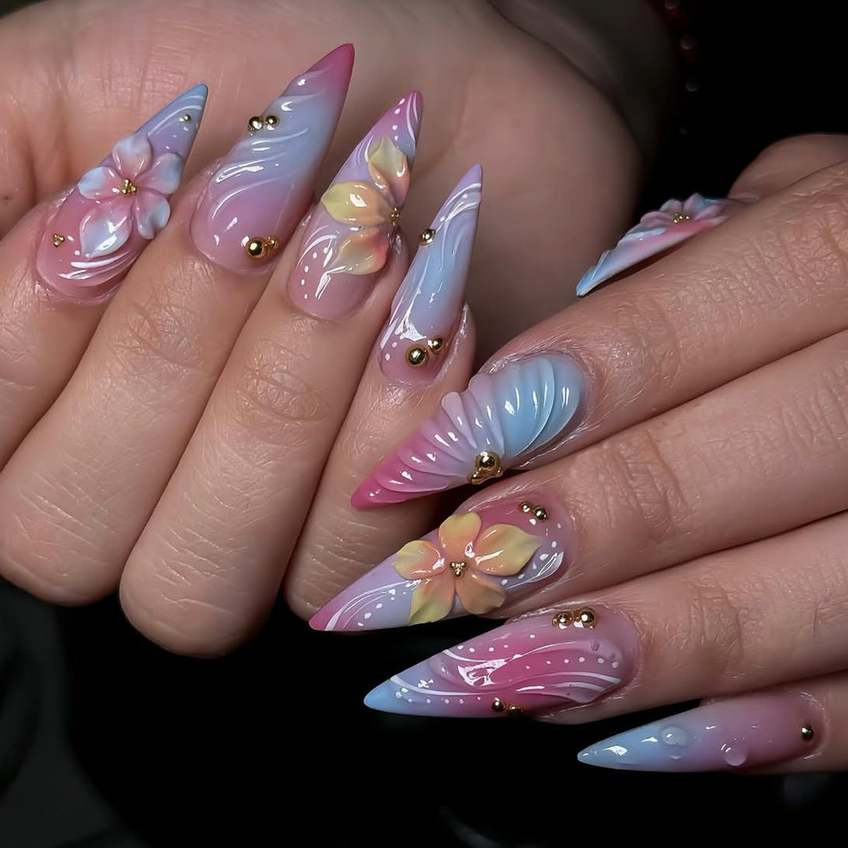 Enchanting Floral Fantasy Medium Almond Pink and Blue with Three-Dimensional Blossom Accents Nail Set