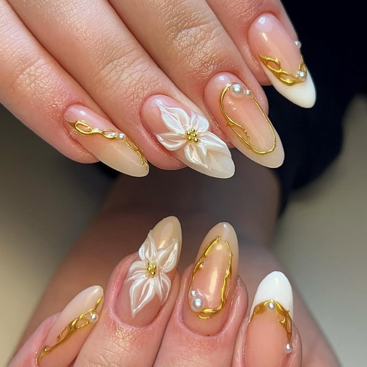 Elegant Floral Fantasy Medium Almond White with Gold Accents Press On Nail Set