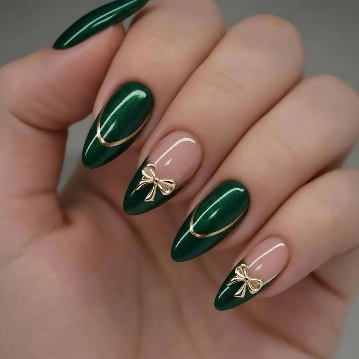 Enchanted Forest Medium Almond Dark Green with Gold Bow Accents Nail Set