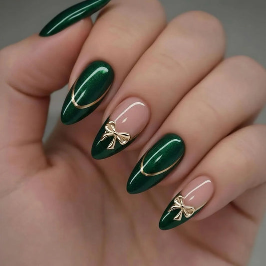 Enchanted Forest Medium Almond Dark Green with Gold Bow Accents Nail Set