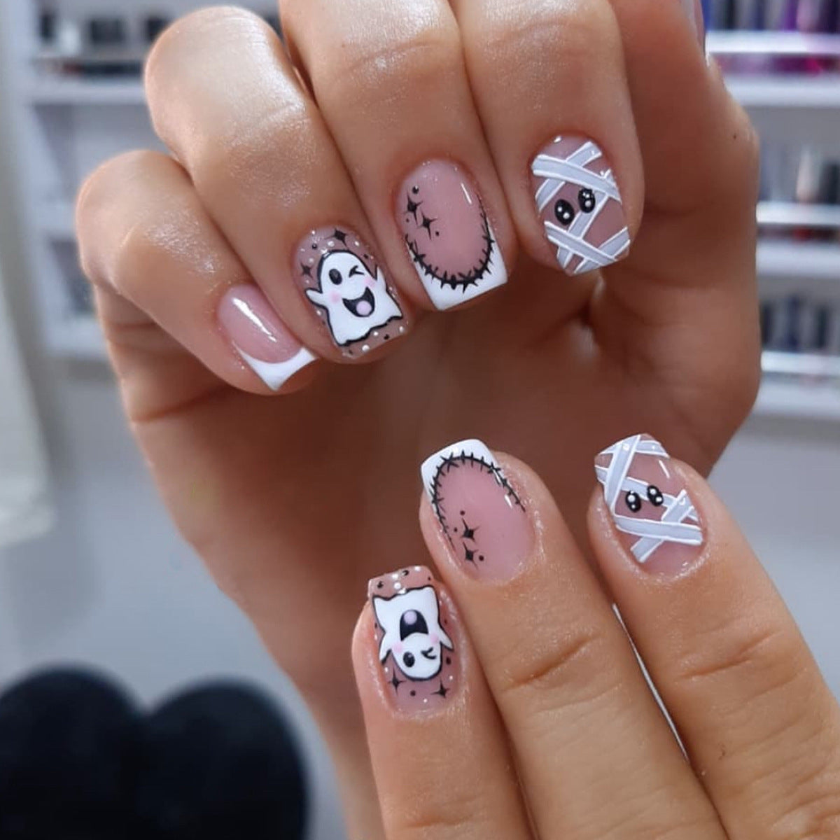 Spooky Chic Short Square Brown Ghost Nail Press with Whimsical Design