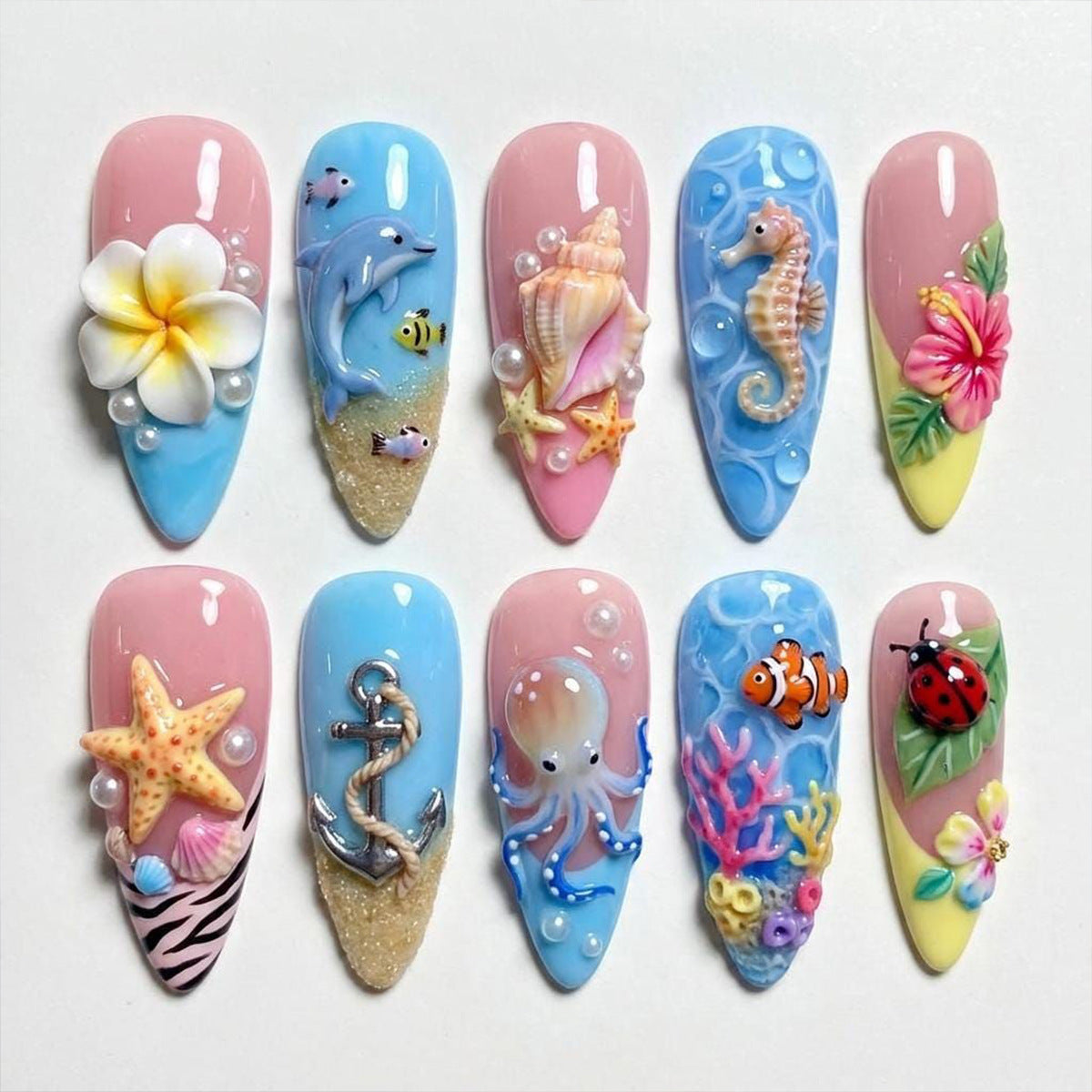 Tropical Bliss Medium Almond Pink and Blue Press On Nail Set with Underwater Theme