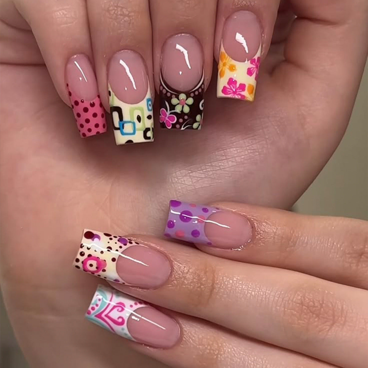Whimsical Floral MEdium Square Multicolored Design Press On Nail Set