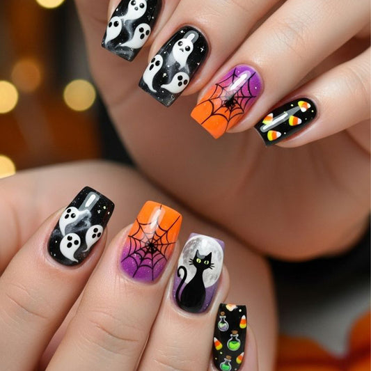 Spooktacular Medium Square Black Orange Halloween Nail Set with Ghosts and Spiderwebs