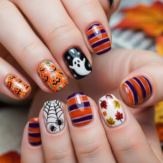 Spooky Vibes Short Square Orange and Purple Halloween Themed Press on Nail Set
