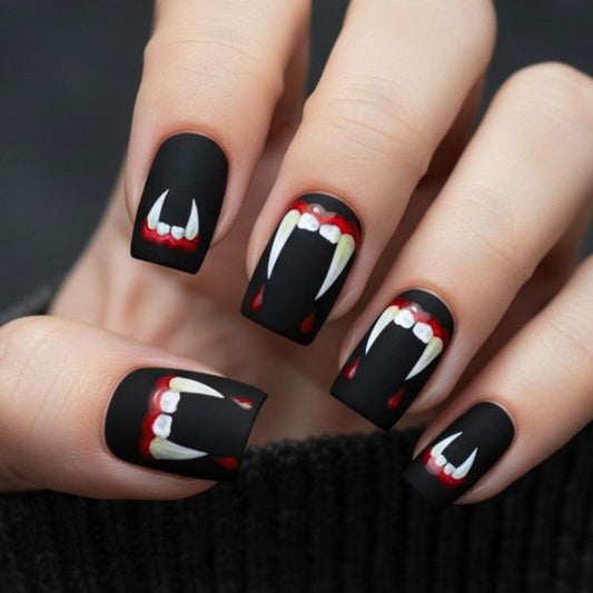 Gothic Black Medium Square Nail Set with Vampire Design