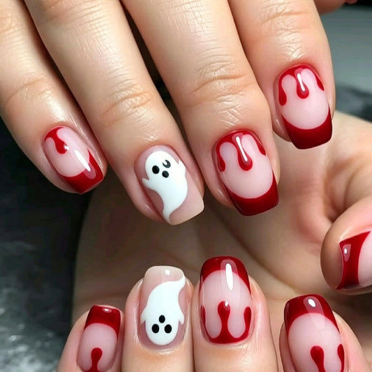 Spooky Short Square Red Drip Nail Set with Ghost Accents