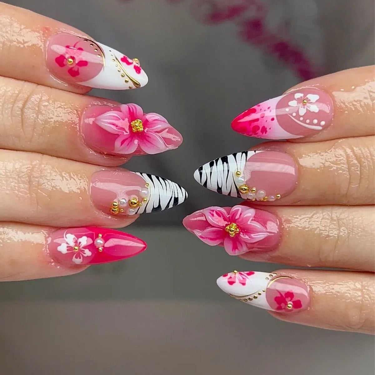 Tropical Blossom Medium Almond Pink Floral Press On Nail Set