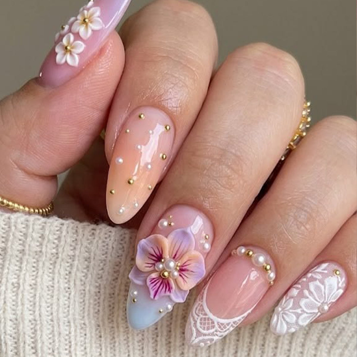 Floral Elegance Long Almond Pastel Colors with Intricate Flower Detailing