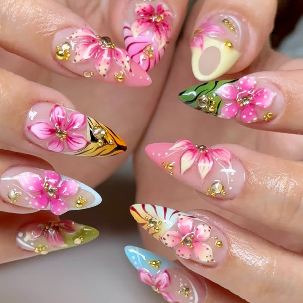 Tropical Floral Medium Almond Pink Press On Nail Set with Unique Gem Accents