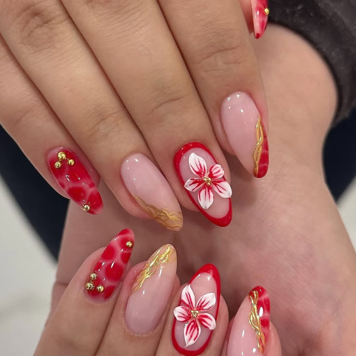Floral Elegance Medium Almond Red and Gold Flower Design Press On Nail Set