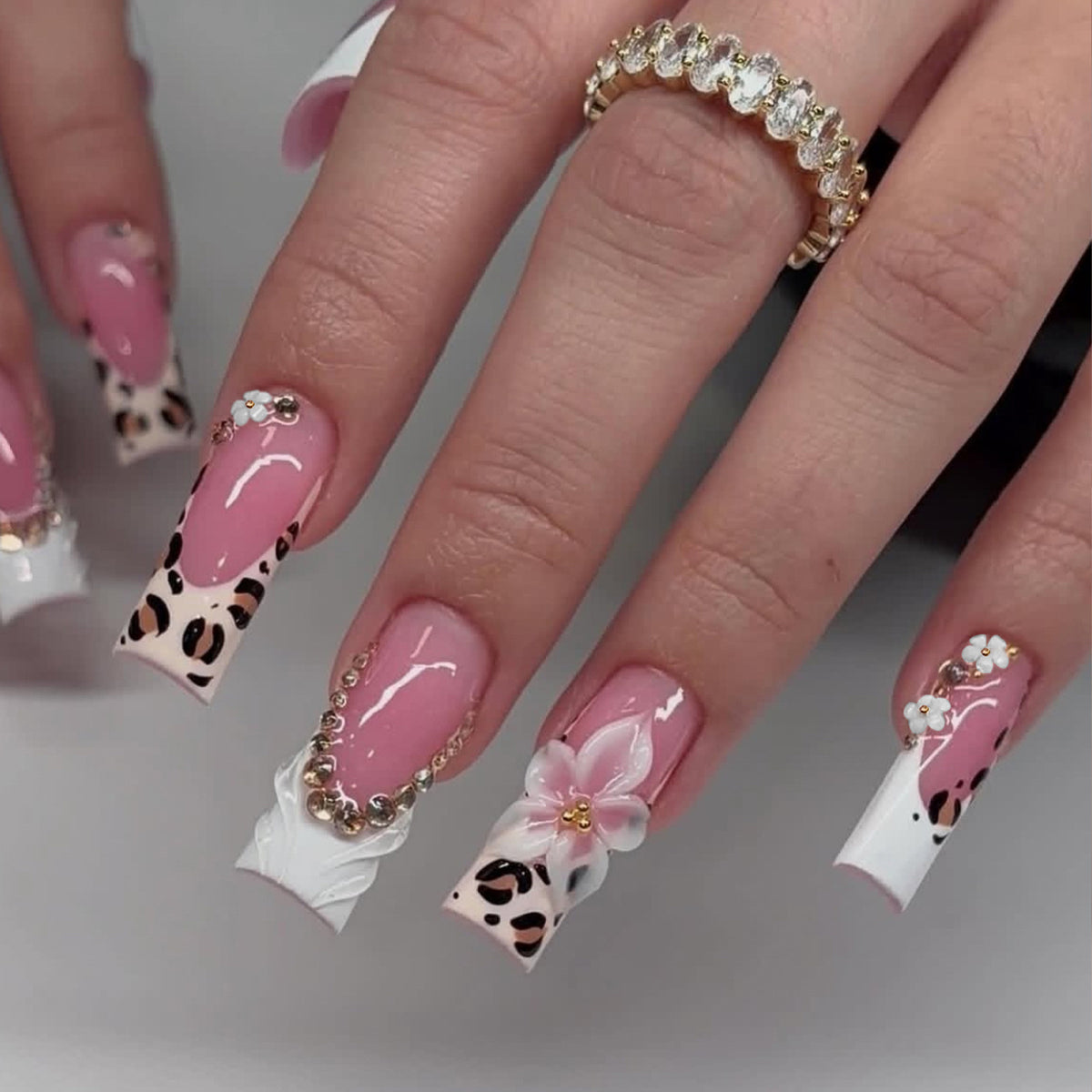 Wild Floral Elegance Long Square Pink with Leopard Print and Floral Accents Nail Set