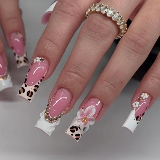 Wild Floral Elegance Long Square Pink with Leopard Print and Floral Accents Nail Set