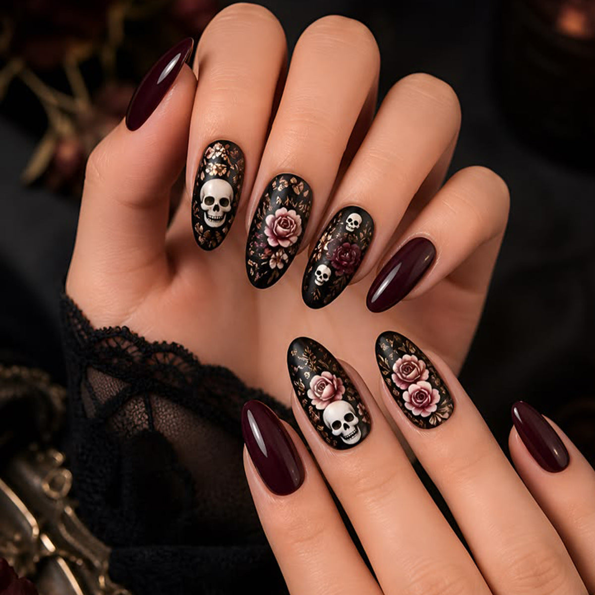 Gothic Elegance Long Almond Burgundy Press On Nail Set with Intricate Skull and Rose Design