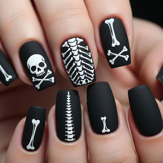 Spooky Skeleton Theme Medium Square Black Matte Press On Nail Set with Unique Bone Design