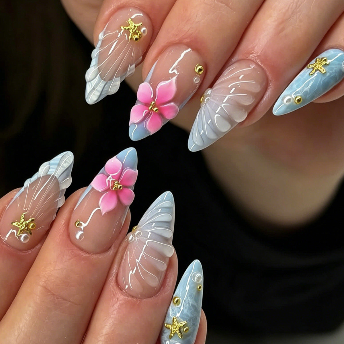 Ocean Breeze Medium Almond Blue with Floral Accents Press on Nail Set