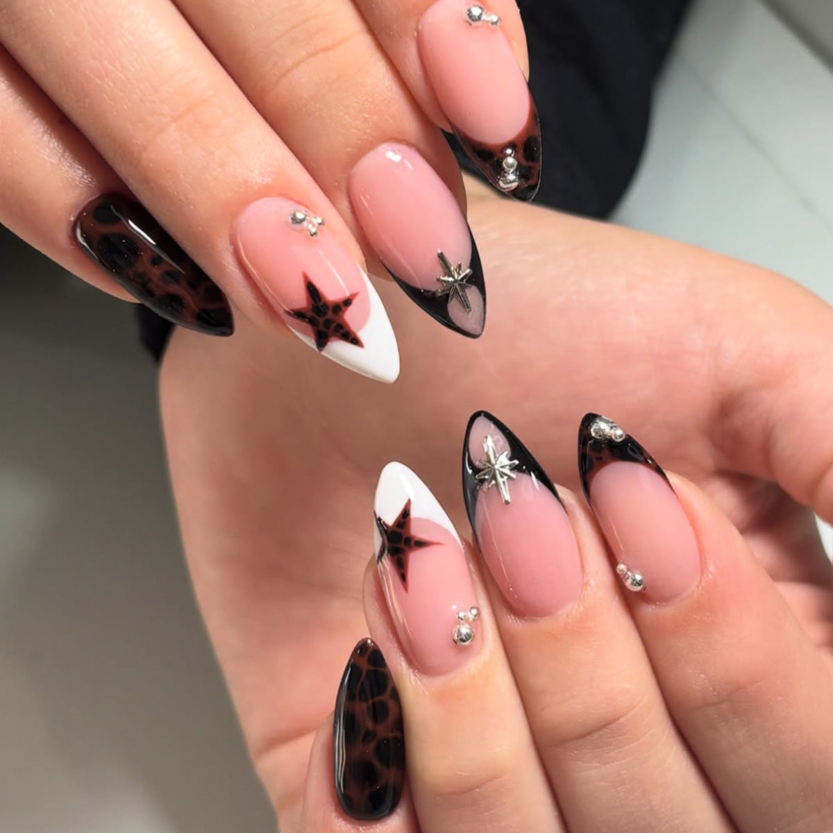 Glamorous Stiletto Long Black and White with Star Accents Press On Nail Set