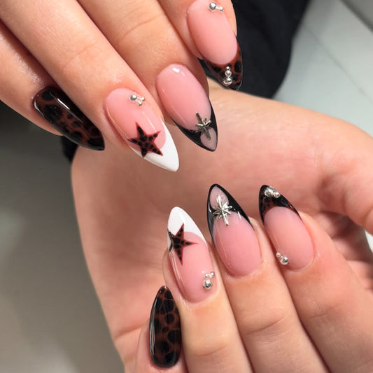 Glamorous Stiletto Long Black and White with Star Accents Press On Nail Set