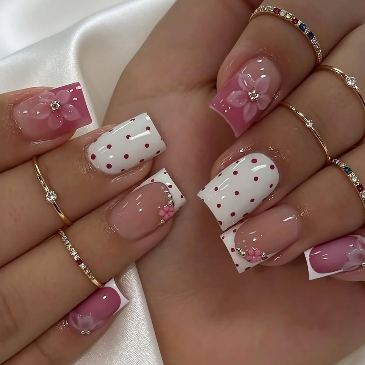 Floral Elegance Medium Square Pink with Charming Floral Accents Press On Nail Set