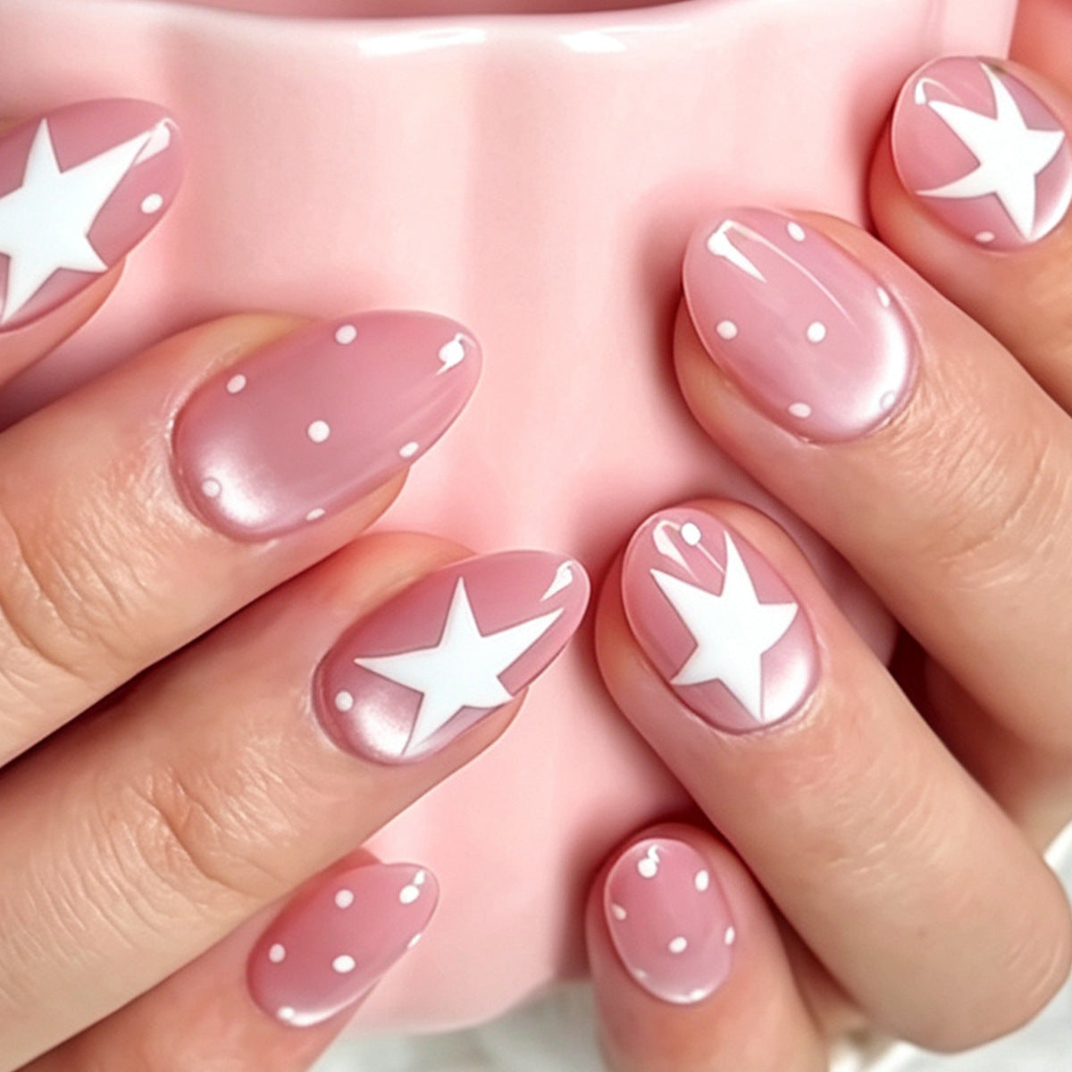 Celestial Dream Short Oval Pink with Star Accents Press on Nail Set