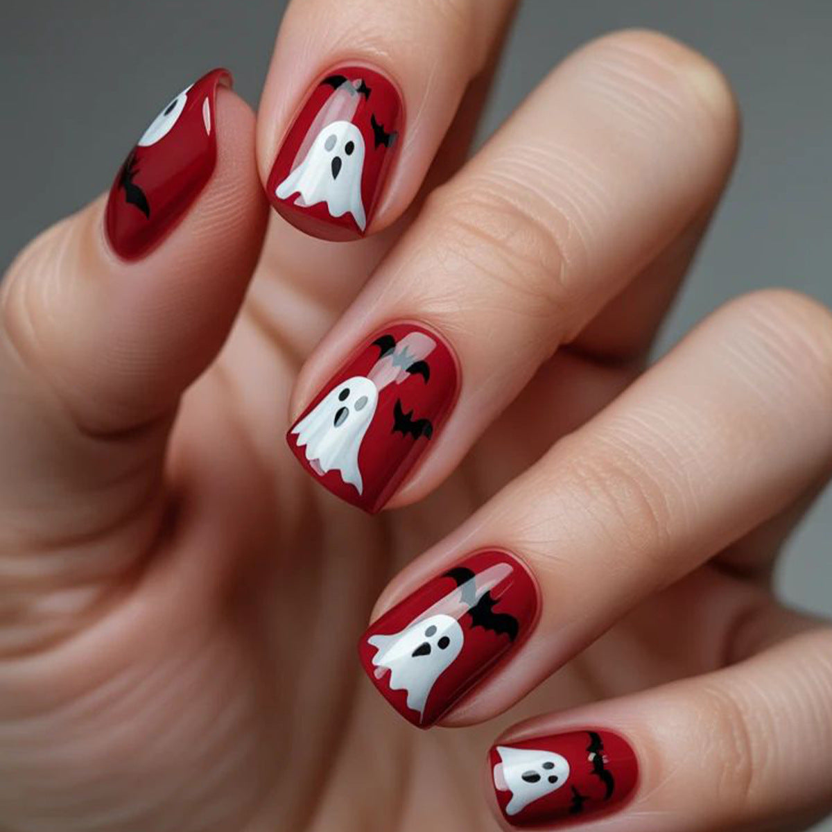 Haunted Halloween Short Square Deep Red with Ghost and Bat Design Press On Nail Set
