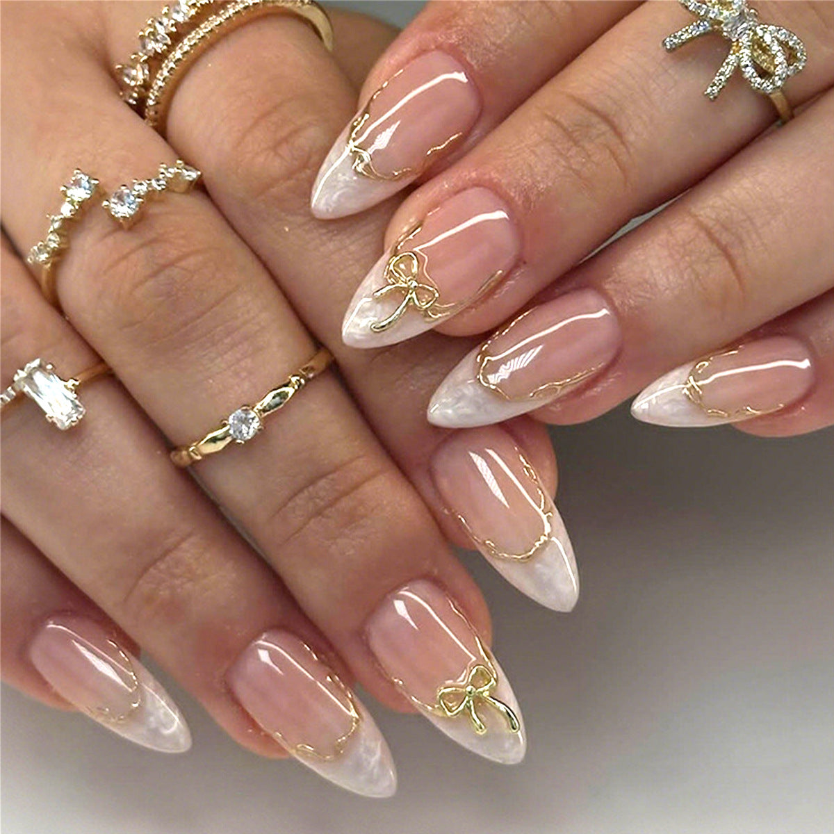 Elegant Dreamy Medium Almond Almond Shaded White Press On Nail Set with Gold Accents