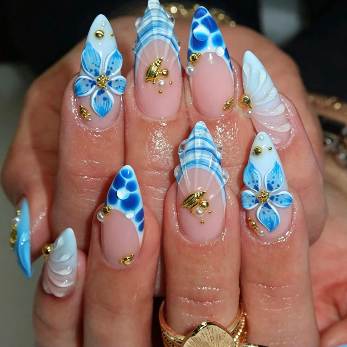 Ocean Breeze Medium Almond Blue Floral Press On Nail Set with Gold Accents