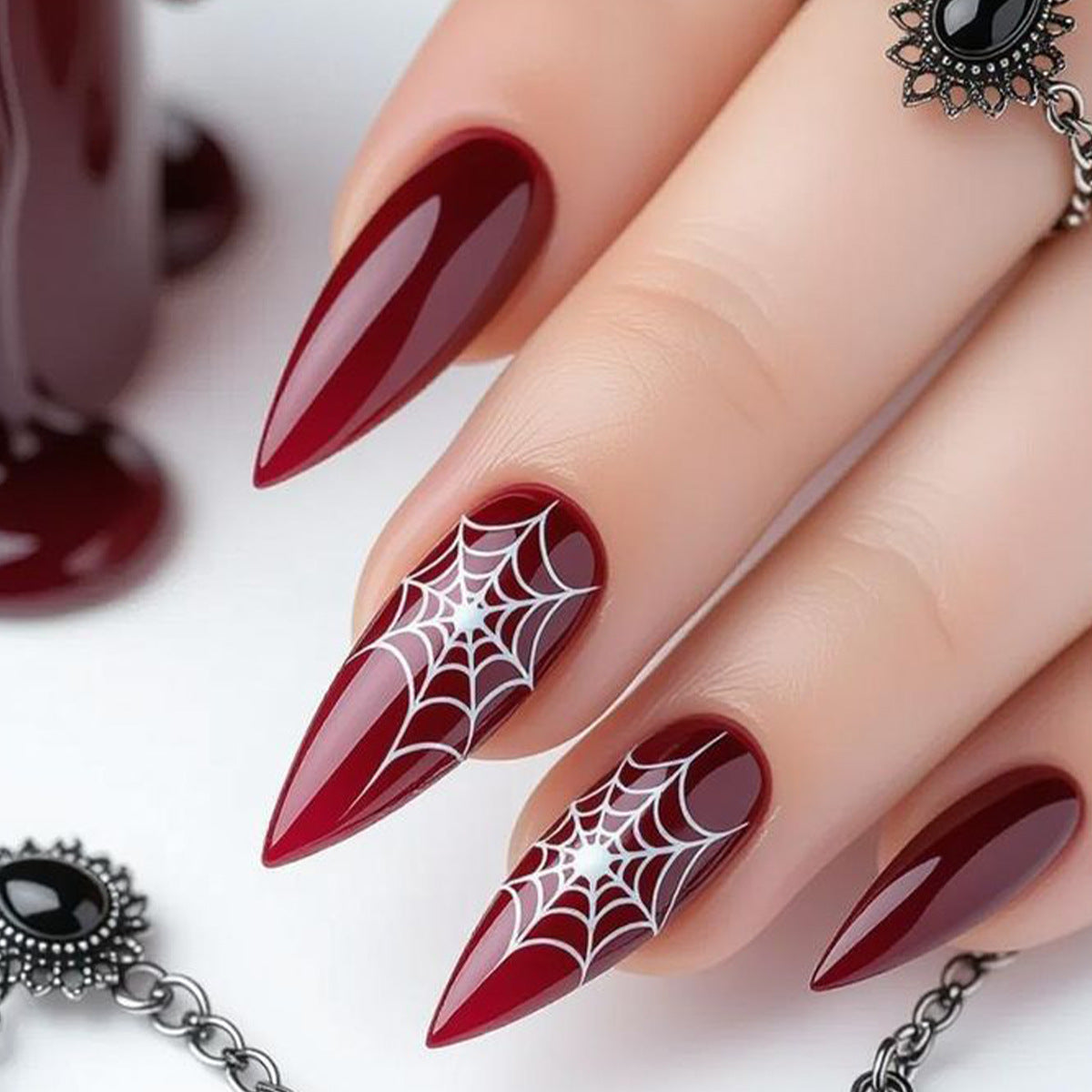 Gothic Elegance Medium Almond Dark Red with Spiderweb Design Press On Nail Set