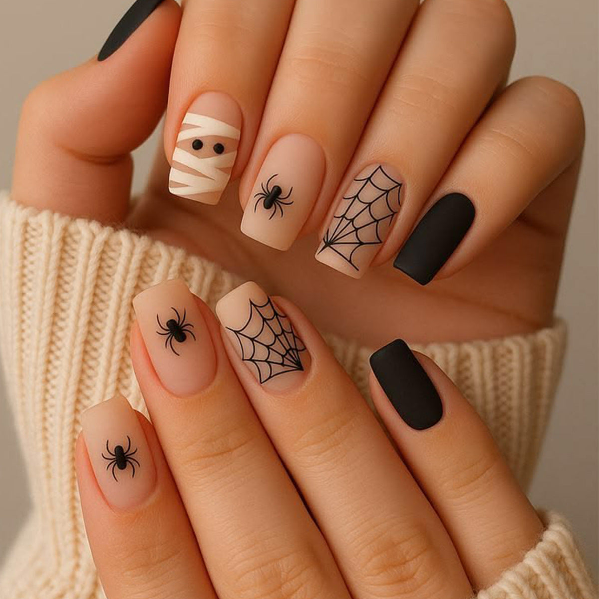 Spooky Charm Medium Square Beige with Spider and Web Design Press On Nail Set