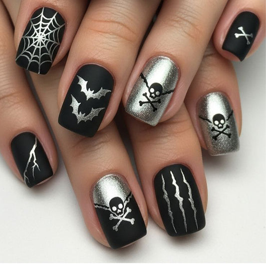 Bewitching Gothic Short Square Black and Silver Spiderweb Design Nail Set