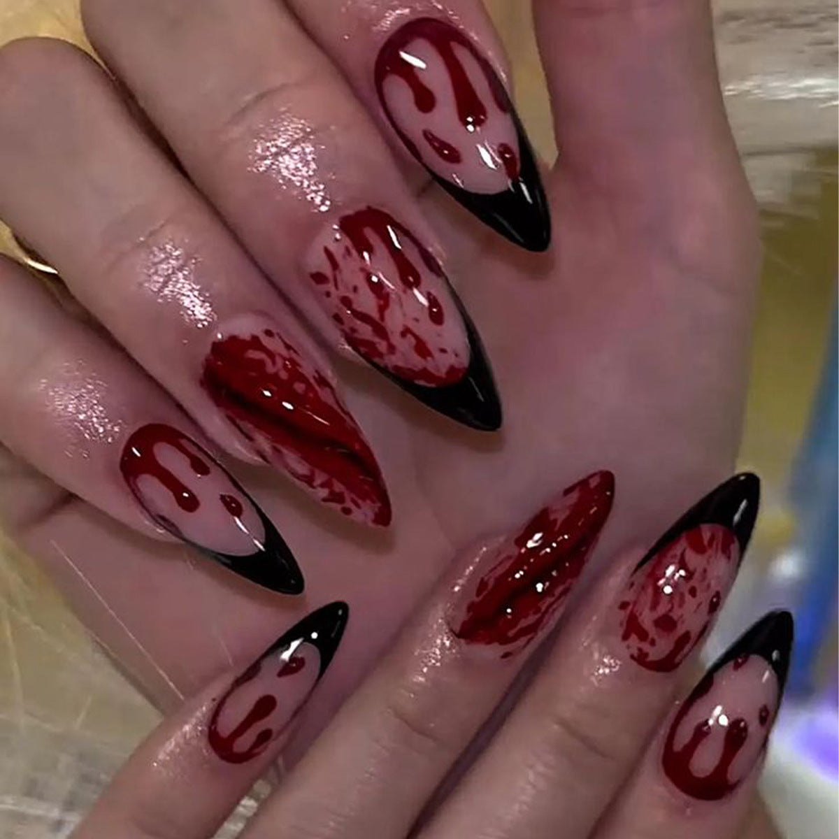 Spooky Vibe Medium Almond Red and Black Drip Design Press On Nail Set
