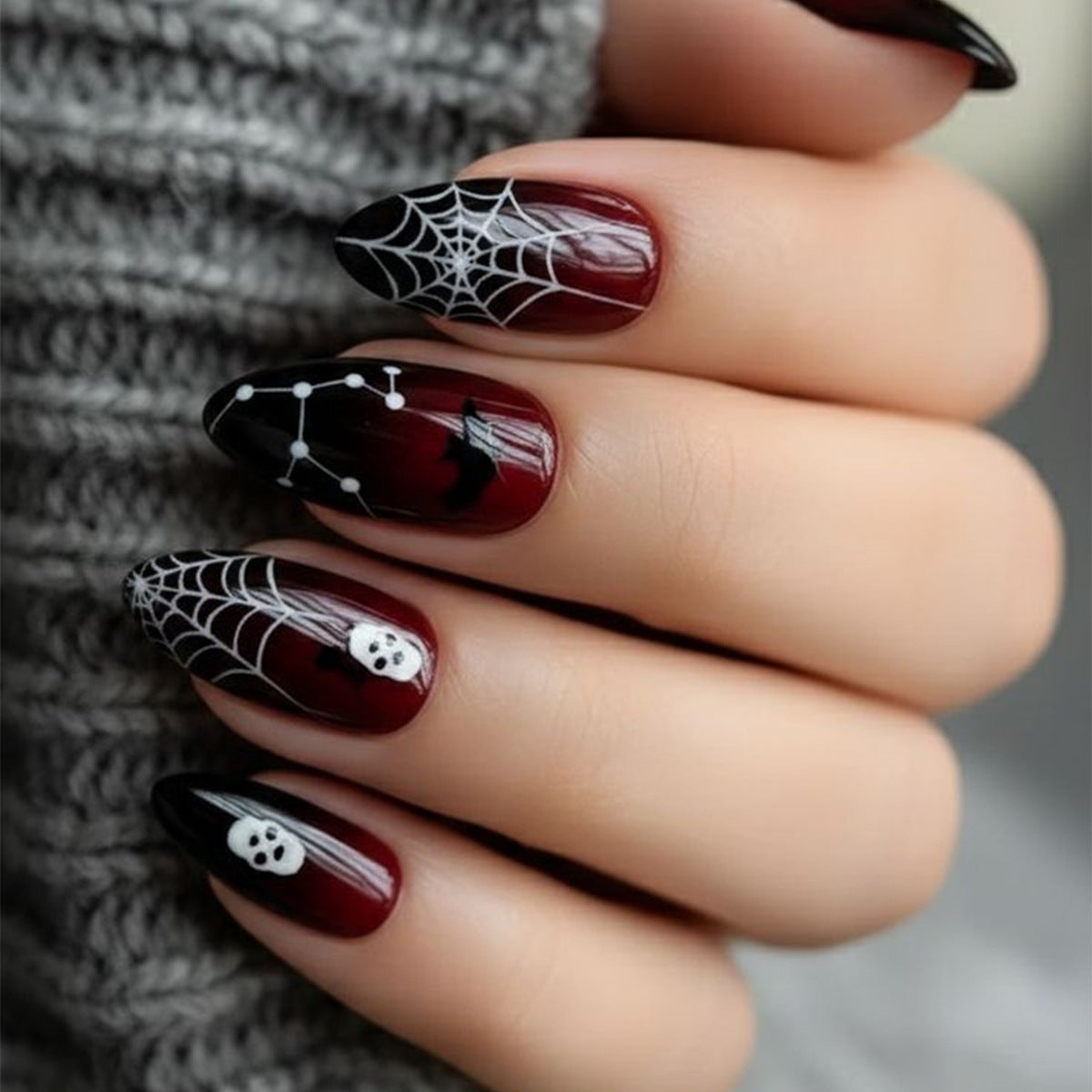 Spooky Vibes Medium Almond Deep Red with Intricate Spider Web Design Press On Nail Set