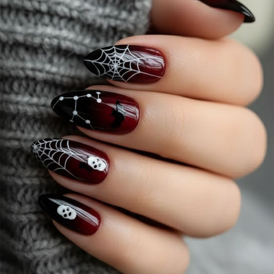 Spooky Vibes Medium Almond Deep Red with Intricate Spider Web Design Press On Nail Set