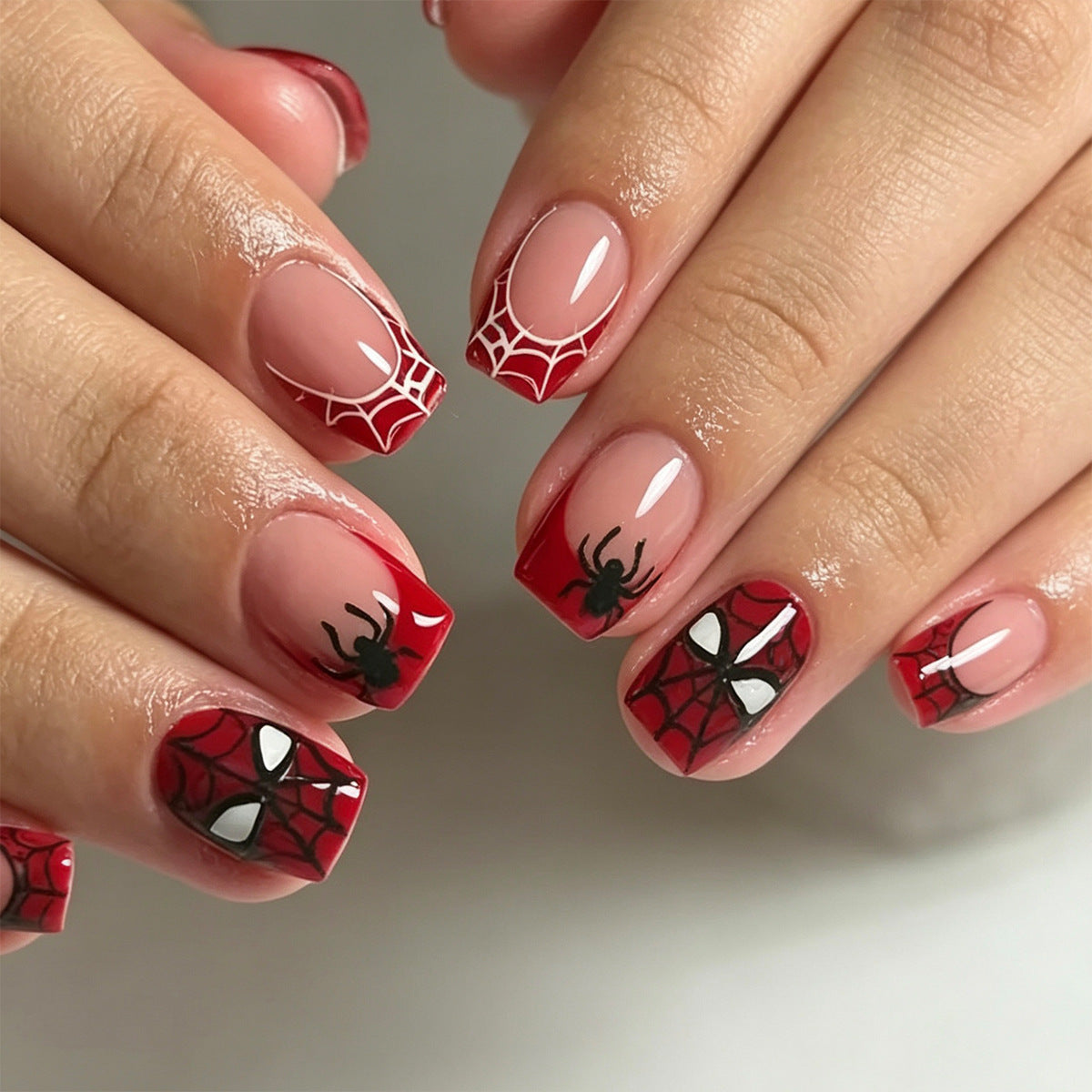 Spooky Vibes Short Square Red With Spider Web Design Press On Nail Set