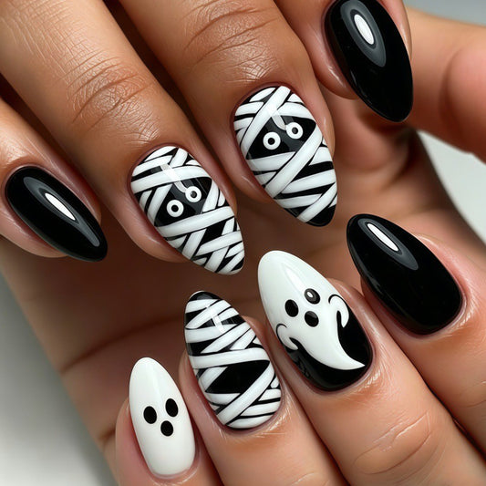 Spooky Halloween Medium Almond Black and White Mummy Design Press on Nail Set