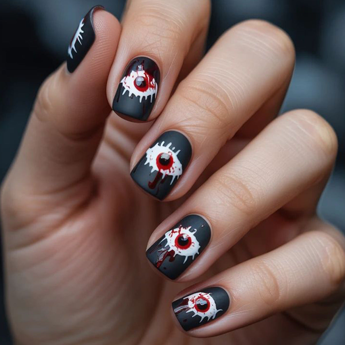Spooky Season Short Square Black and Red Dripping Eye Press On Nail Set