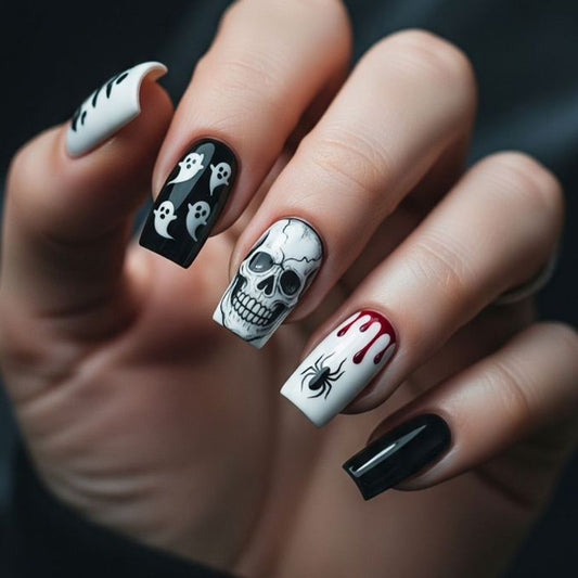 Spooky Vibes Long Square Black and White Ghostly Design Press On Nail Set