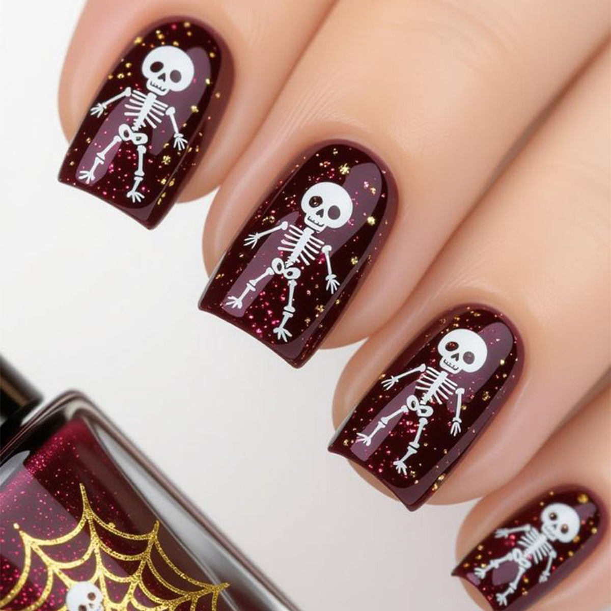 Spooky Skeleton Design Medium Square Burgundy Glitter Press On Nails