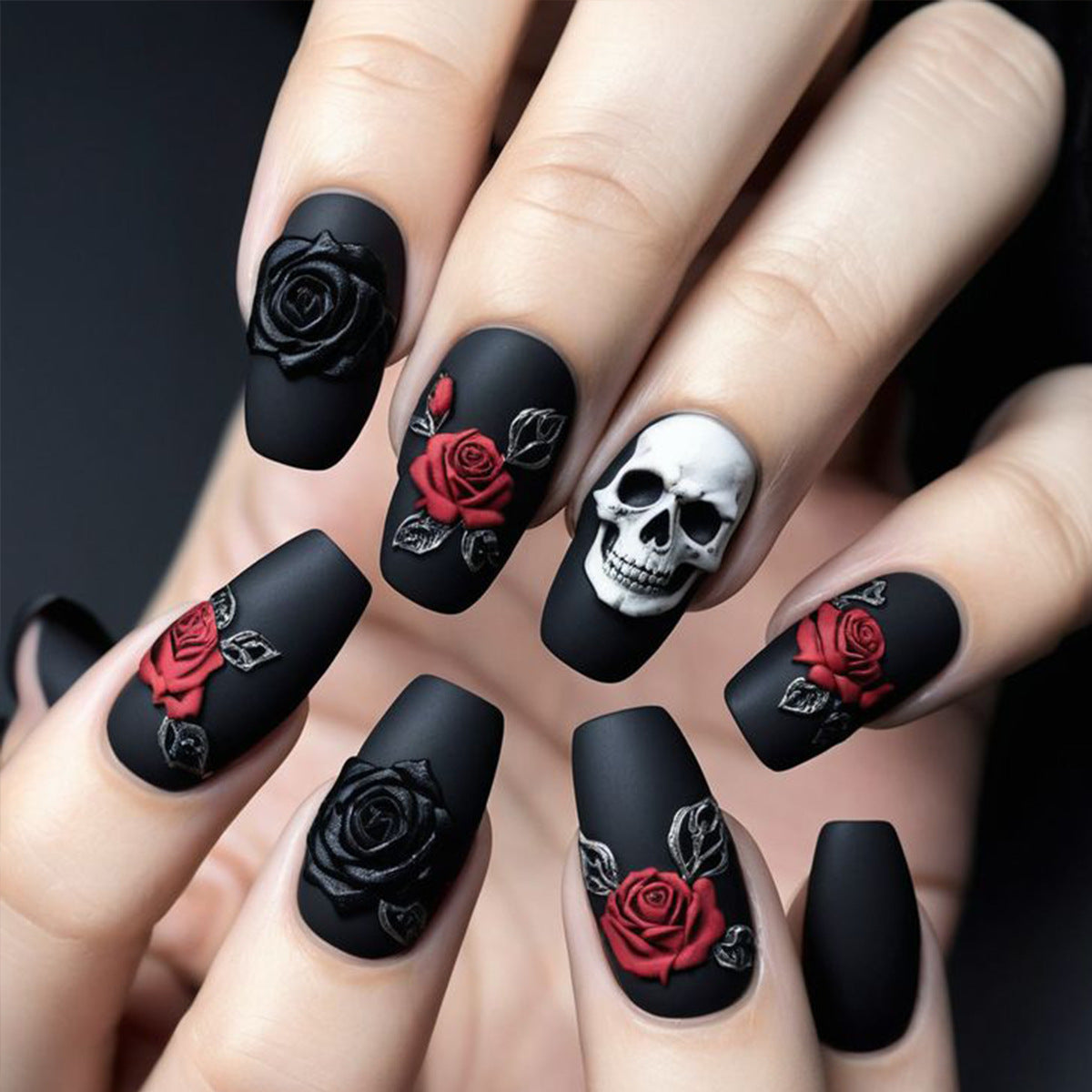 Gothic Romance Medium Square Black with Rose and Skull Detail Press On Nail Set