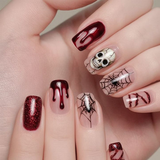 Spooky Elegance Long Square Deep Red with Gothic Skull Design Press on Nail Set