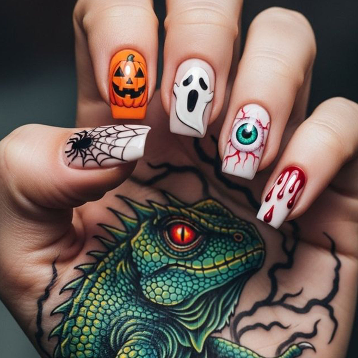Haunted Halloween Press-On Nail Set Medium Square Orange Spider Web Design