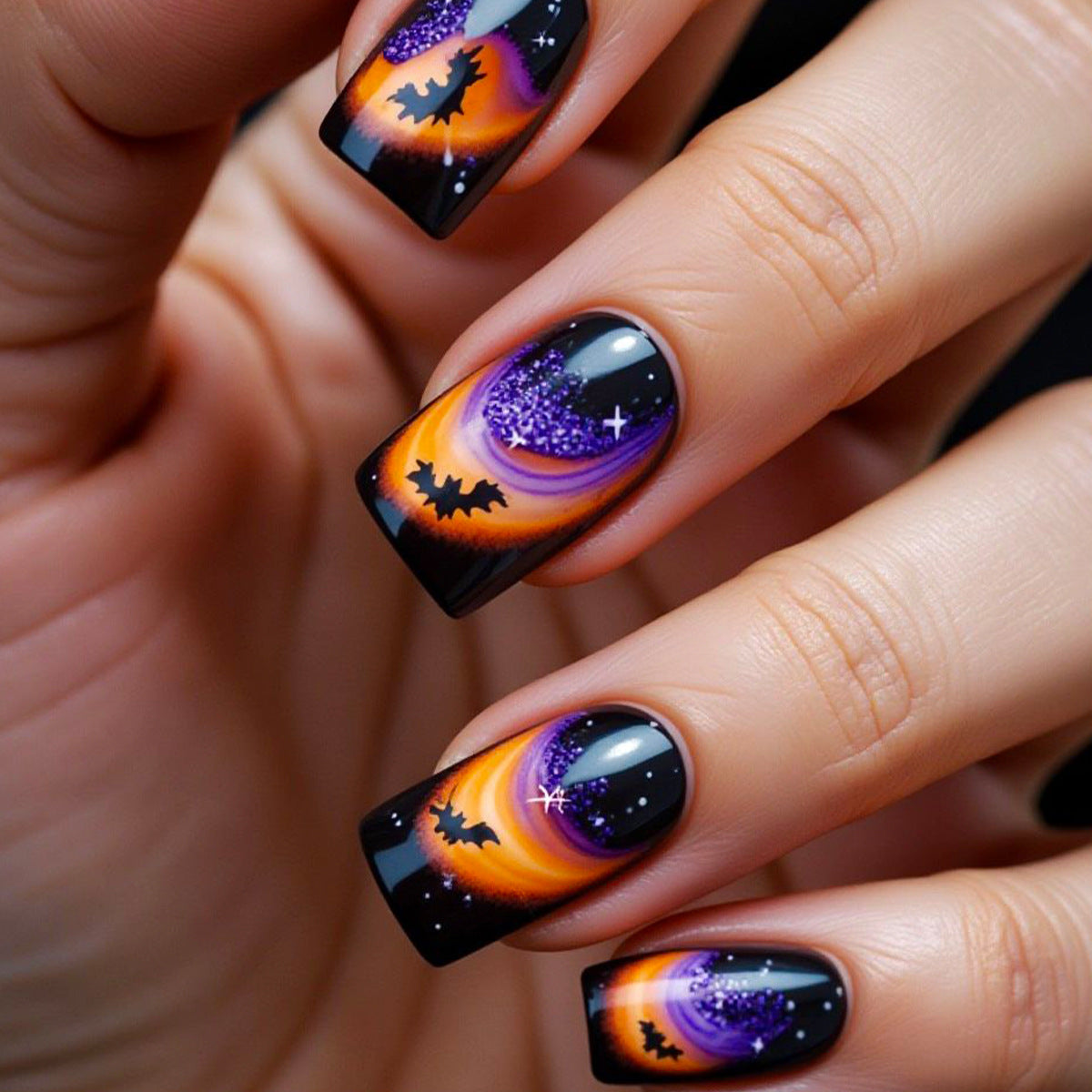 Spooky Halloween Short Square Black and Orange Gradient with Glitter Bat Design Press on Nail Set