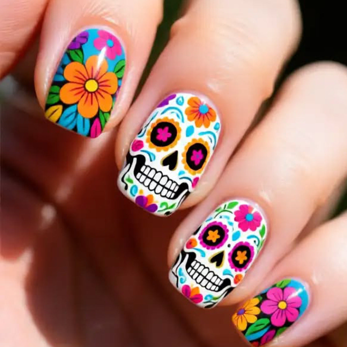 Vibrant Day of the Dead Short Square Colorful Floral Nail Press Set