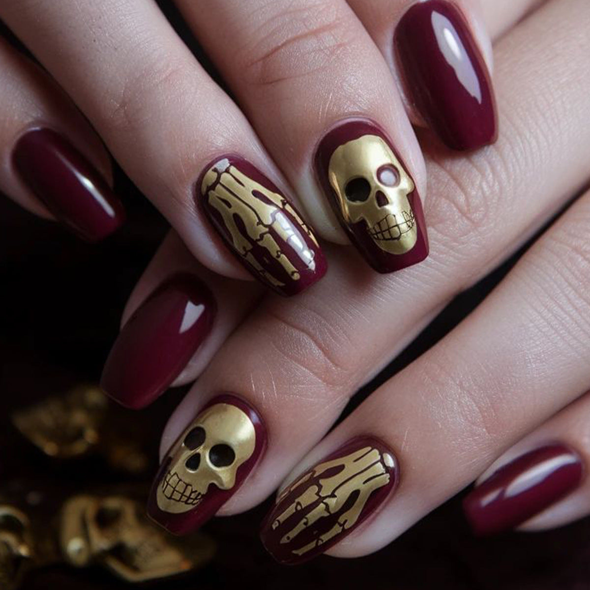 Spooky Elegance Medium Square Burgundy with Skull and Skeleton Design Press On Nail Set